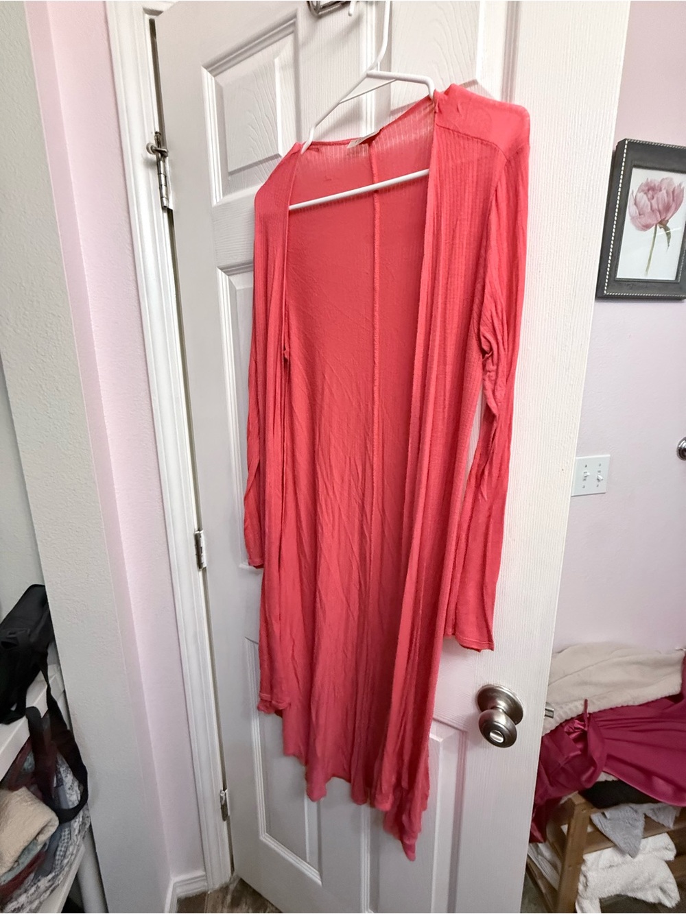 Lightweight Coral Open-Front Long Cardigan